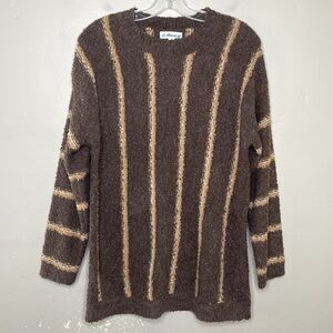 MACARON Teddy Sweater Brown & Tan Wool Blend Crewneck Striped Cozy Stretchy Sm